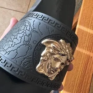 Versace | Shoes | Versace Black Sandals With Gold Lion 